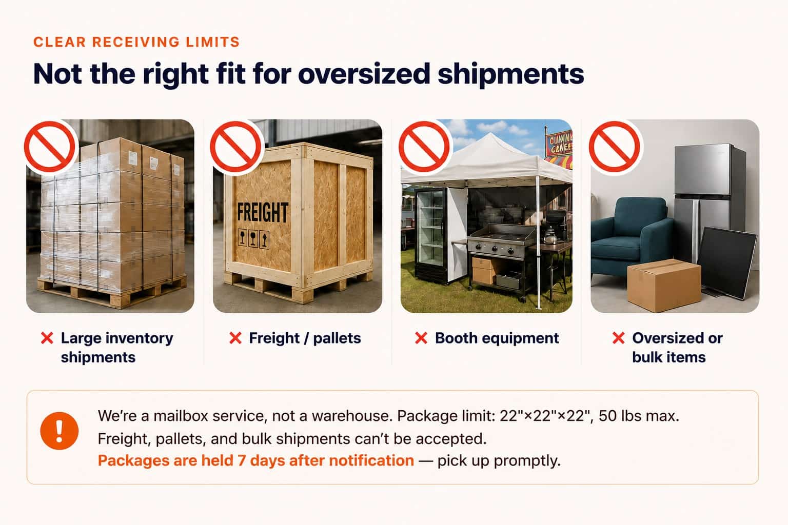 Receiving limits showing that large inventory shipments, freight, pallets, booth equipment, and oversized items cannot be accepted