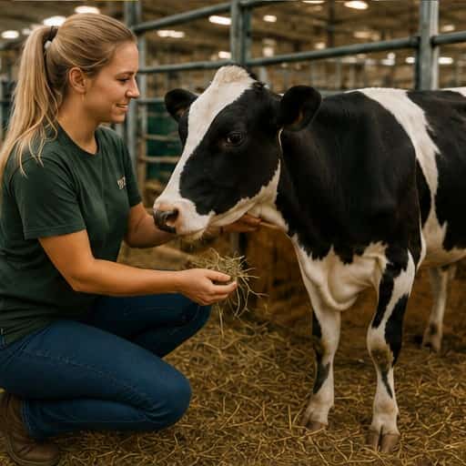 Agricultural exhibitor caring for a cow at the fair