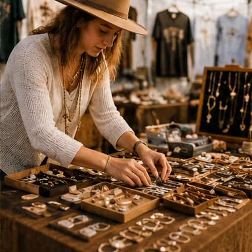 Artisan vendor arranging handmade jewelry at a market booth