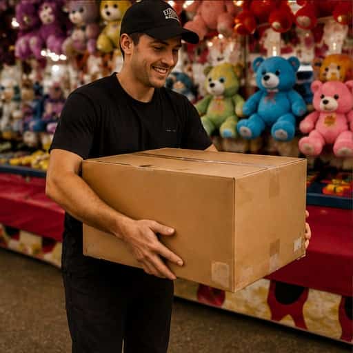 Carnival game vendor carrying a shipment beside a prize booth