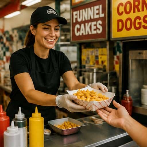 Concession vendor serving food from a fair booth