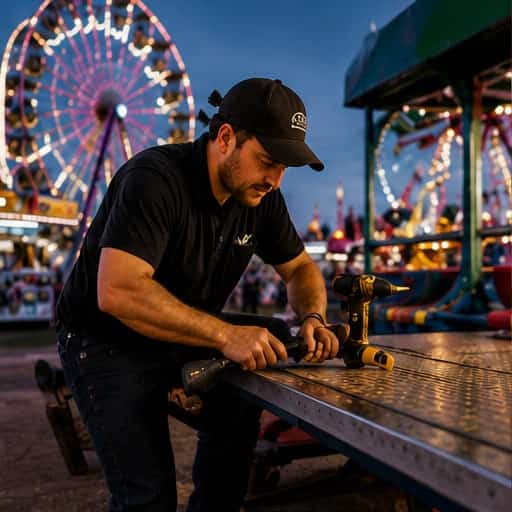 Carnival operator repairing ride equipment at the fair