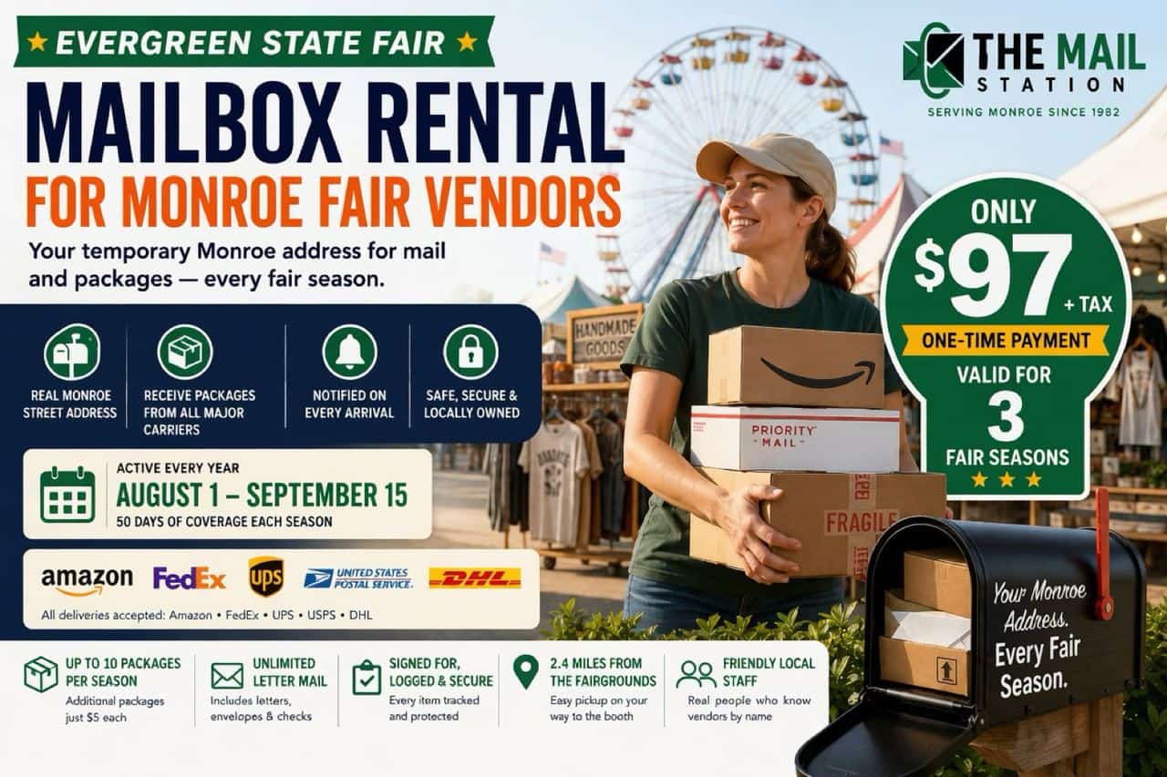 Evergreen State Fair vendor mailbox rental — $97 plus tax covers 3 fair seasons, up to 10 packages per season, active August 1 – September 15, all carriers accepted, 2.4 miles from the Monroe fairgrounds