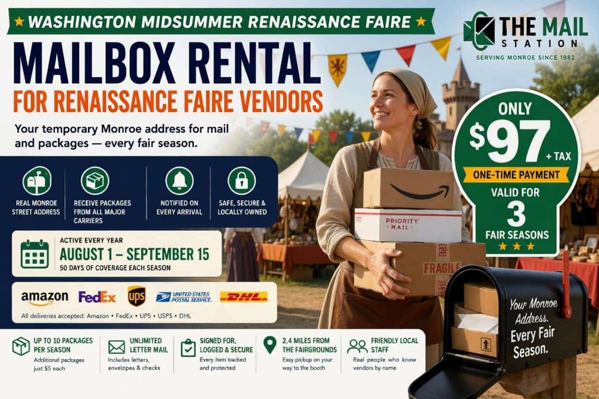 Washington Midsummer Renaissance Faire vendor mailbox rental — $97 plus tax covers 3 fair seasons, up to 10 packages per season, Monroe fairgrounds pickup 2.4 miles away