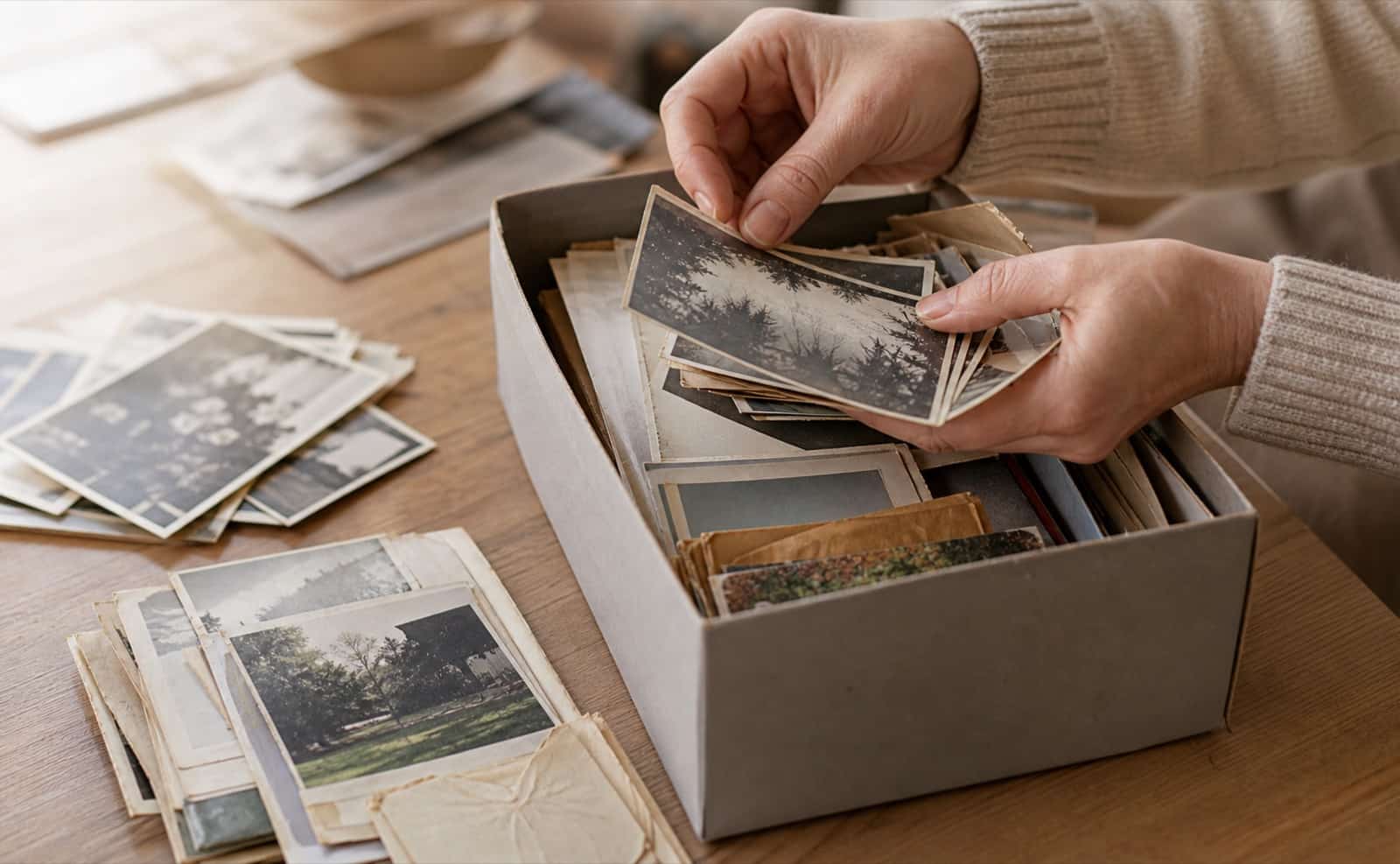 Photo scanning: printed family photos being digitized