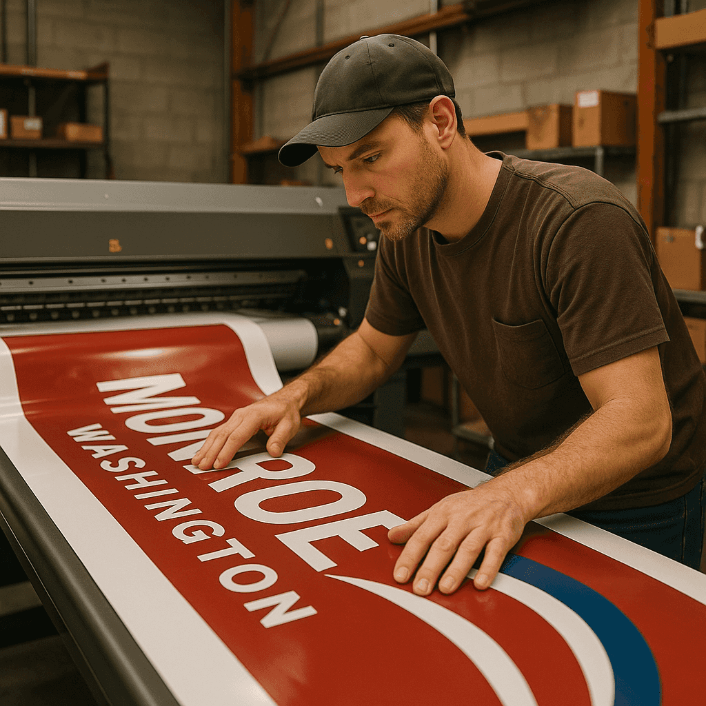 Large format poster printer running a wide-format banner job at The Mail Station Monroe