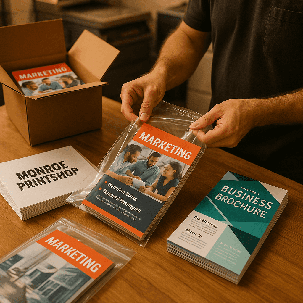 Finished marketing flyers packaged and ready for customer pickup