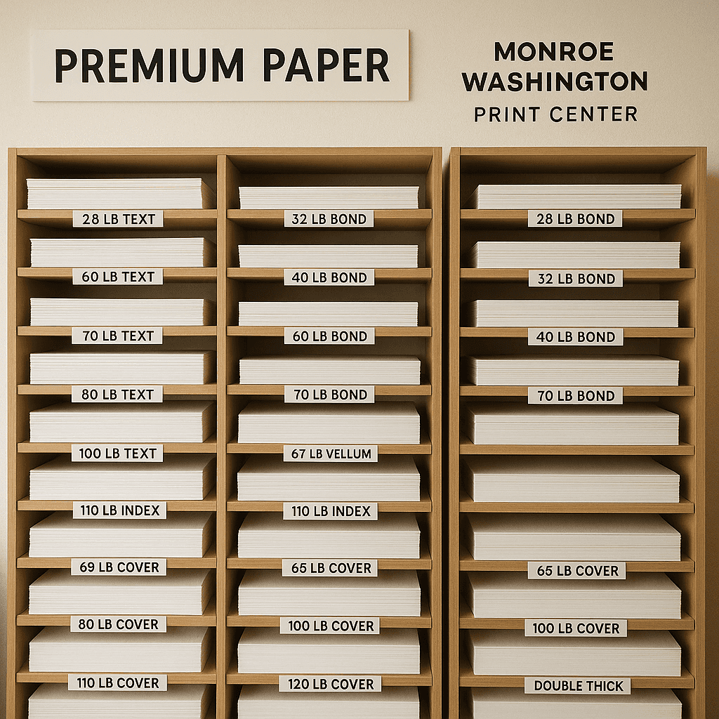 Paper stock and lamination supplies on shelves at The Mail Station print shop