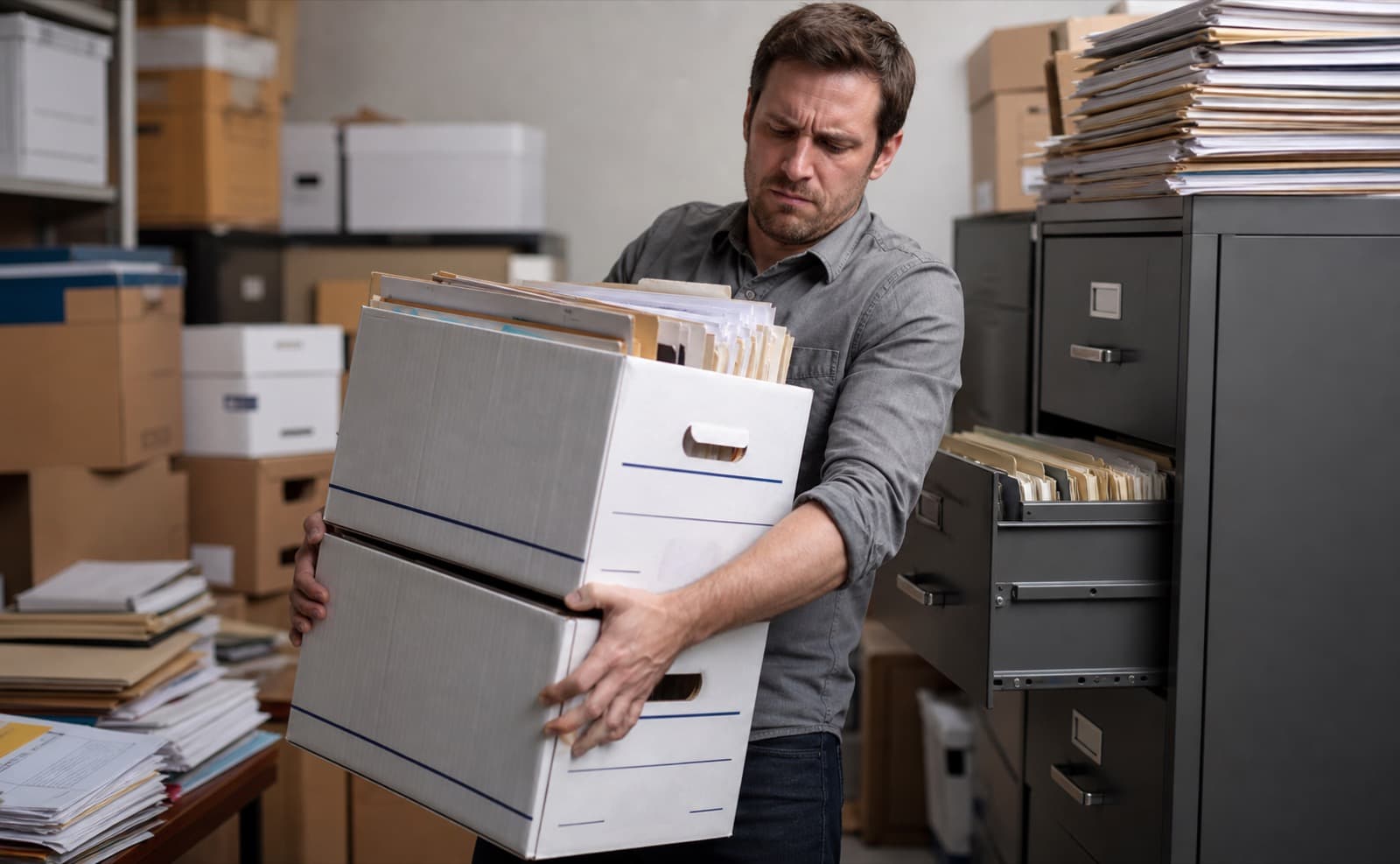 Person struggling to carry two heavy banker boxes of records beside an overfilled file cabinet
