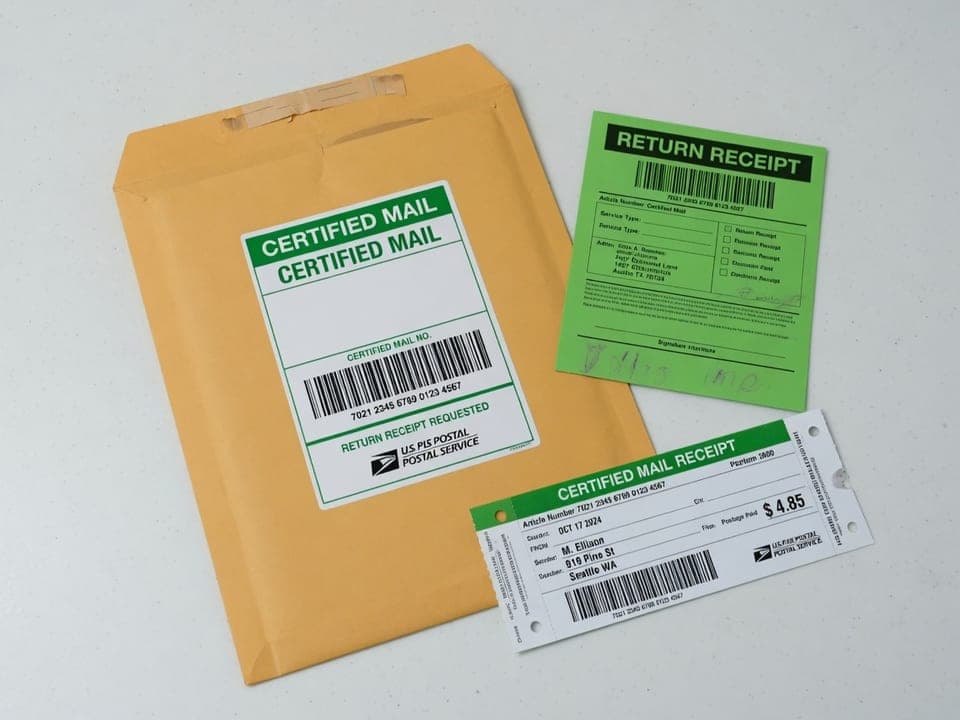 Certified Mail envelope with green Certified Mail sticker, return receipt card, and receipt