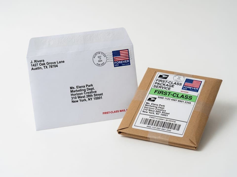 First-Class letter with Forever stamp and a small First-Class package