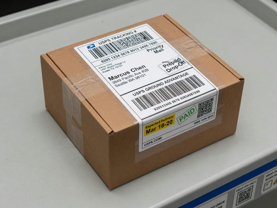 Prepaid USPS labeled package ready for drop-off