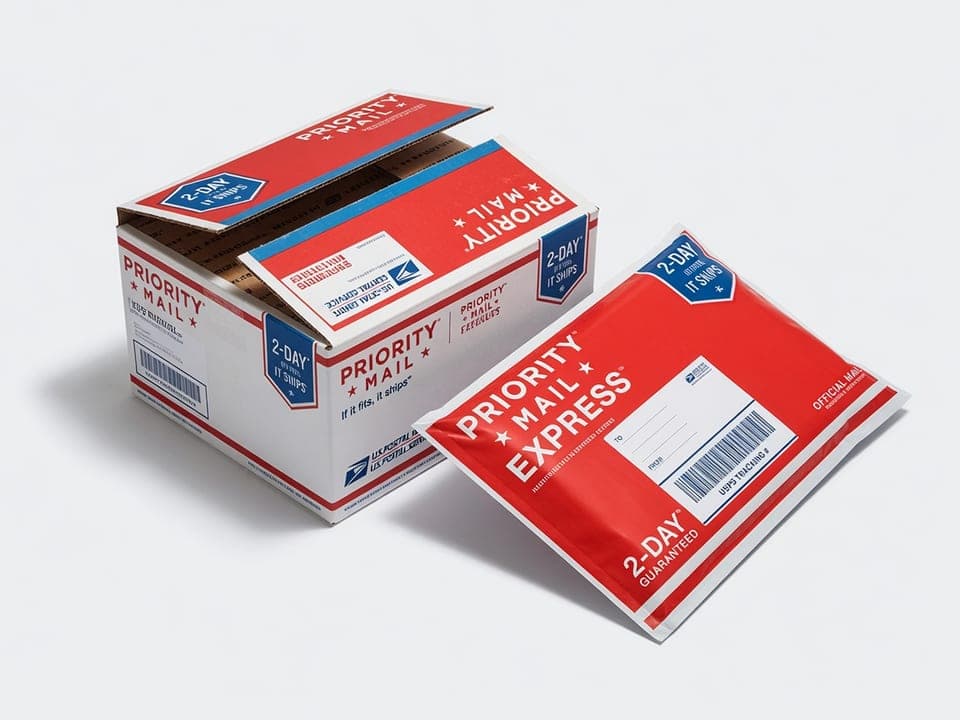 USPS Priority Mail box and Priority Mail Express envelope