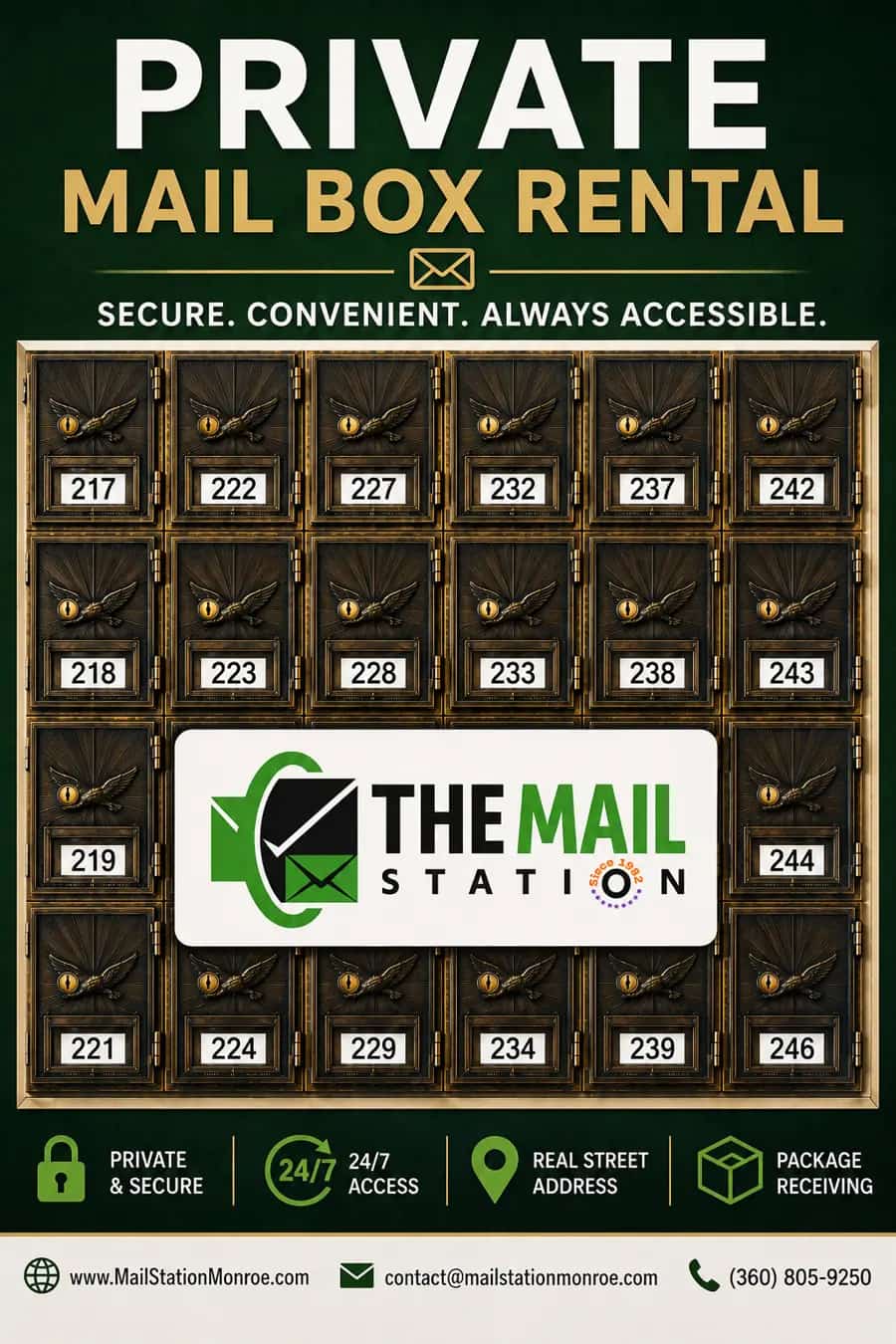 Secure personal mailboxes and parcel lockers available 24/7