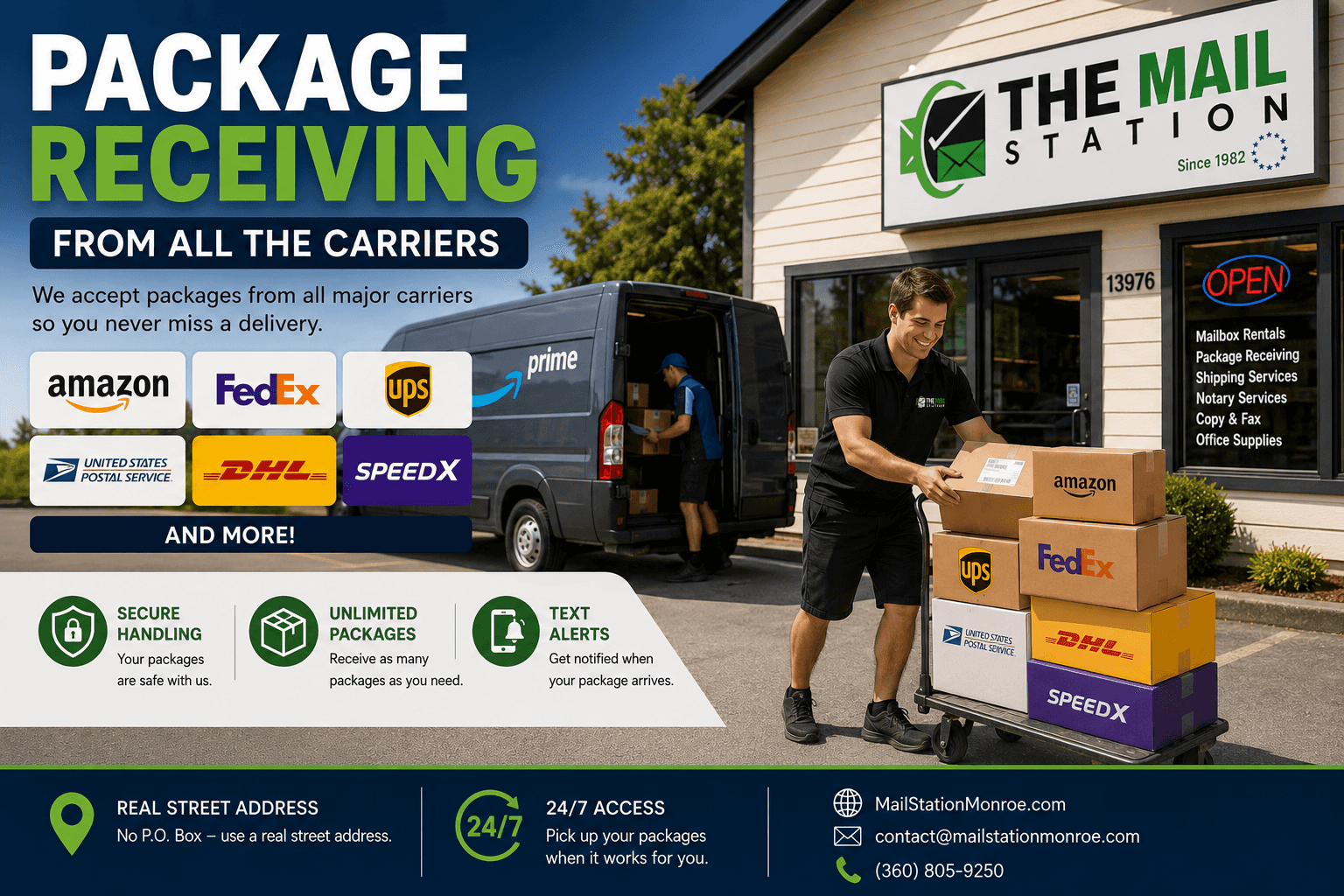Staff receiving deliveries from USPS, UPS, FedEx, Amazon, and DHL for mailbox customers