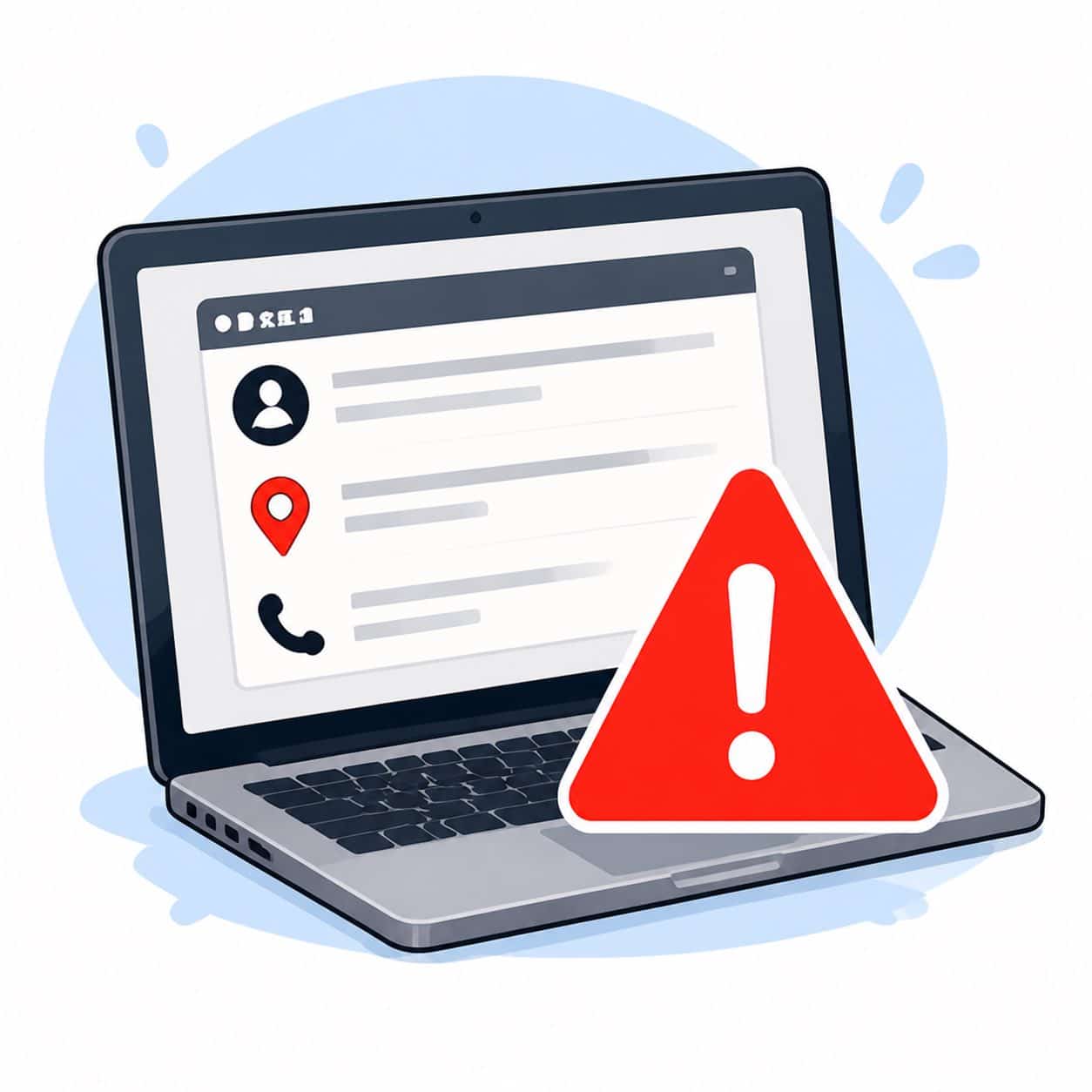 Laptop showing account information beside a privacy warning symbol