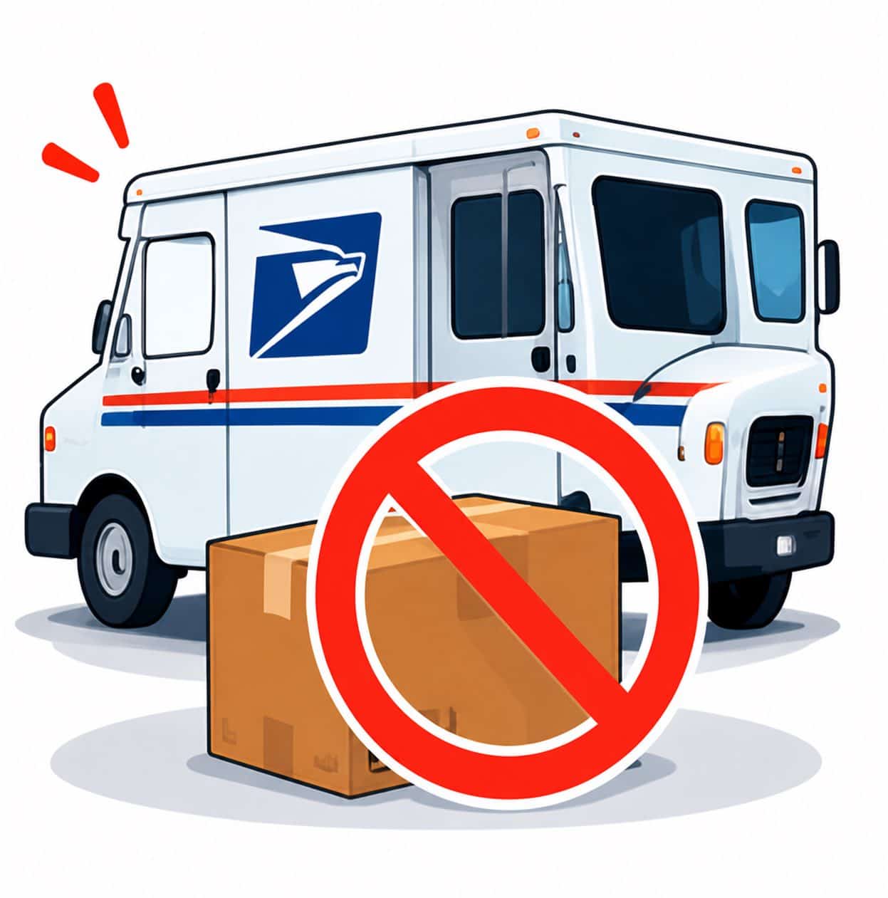Postal delivery truck behind a package prohibition symbol