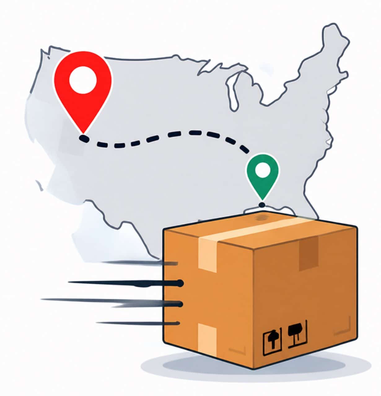 Package traveling across the United States between two location pins