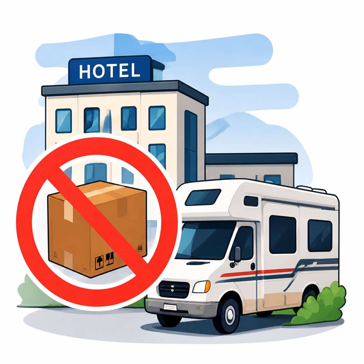 Hotel and RV beside a package prohibition symbol