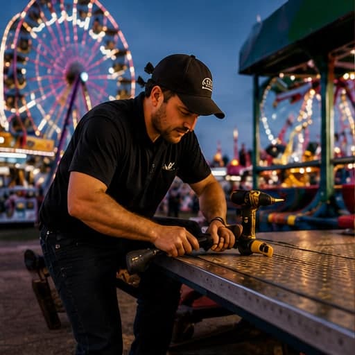 Carnival operator repairing ride equipment at the fair