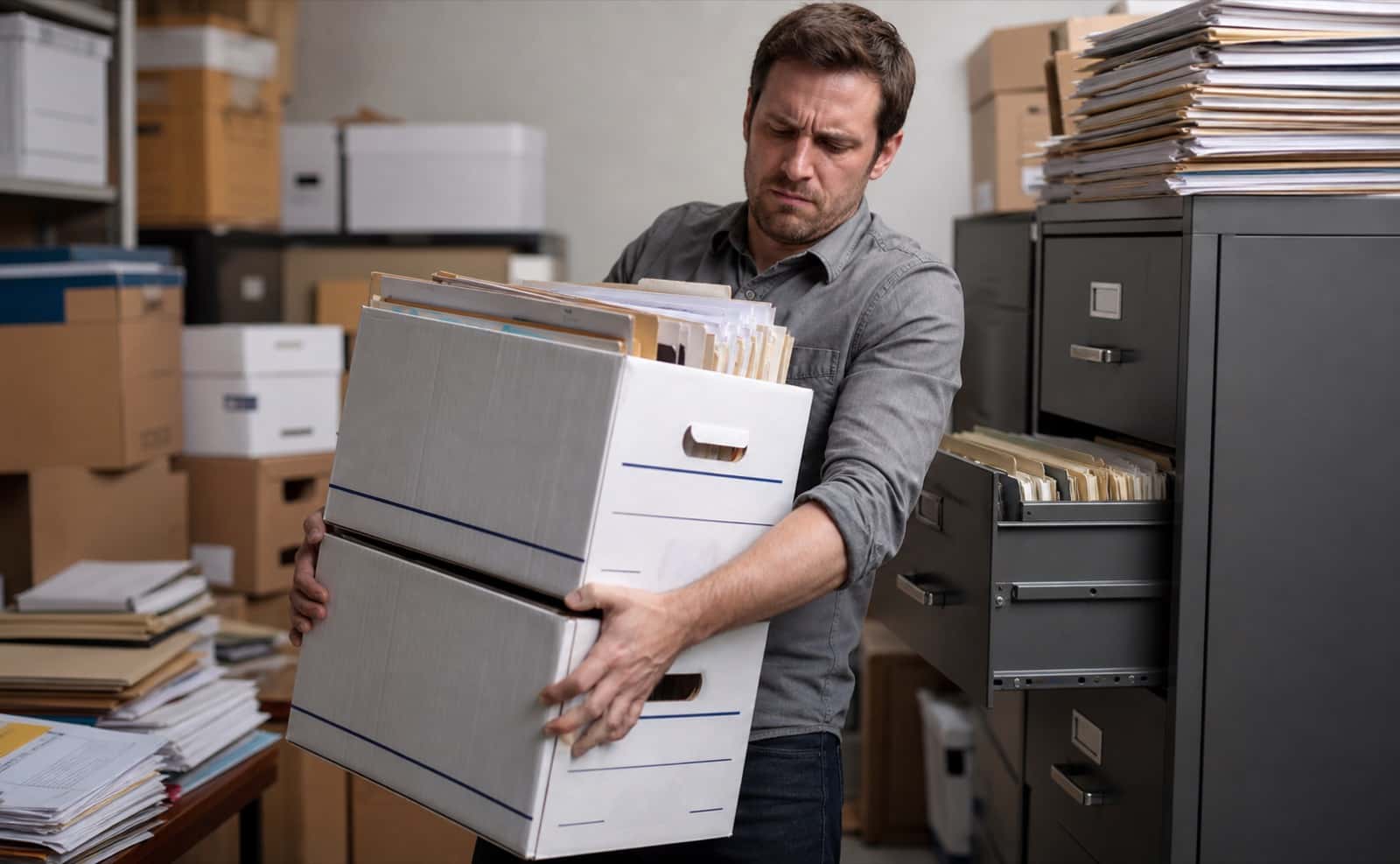 Person struggling to carry two heavy banker boxes of records beside an overfilled file cabinet
