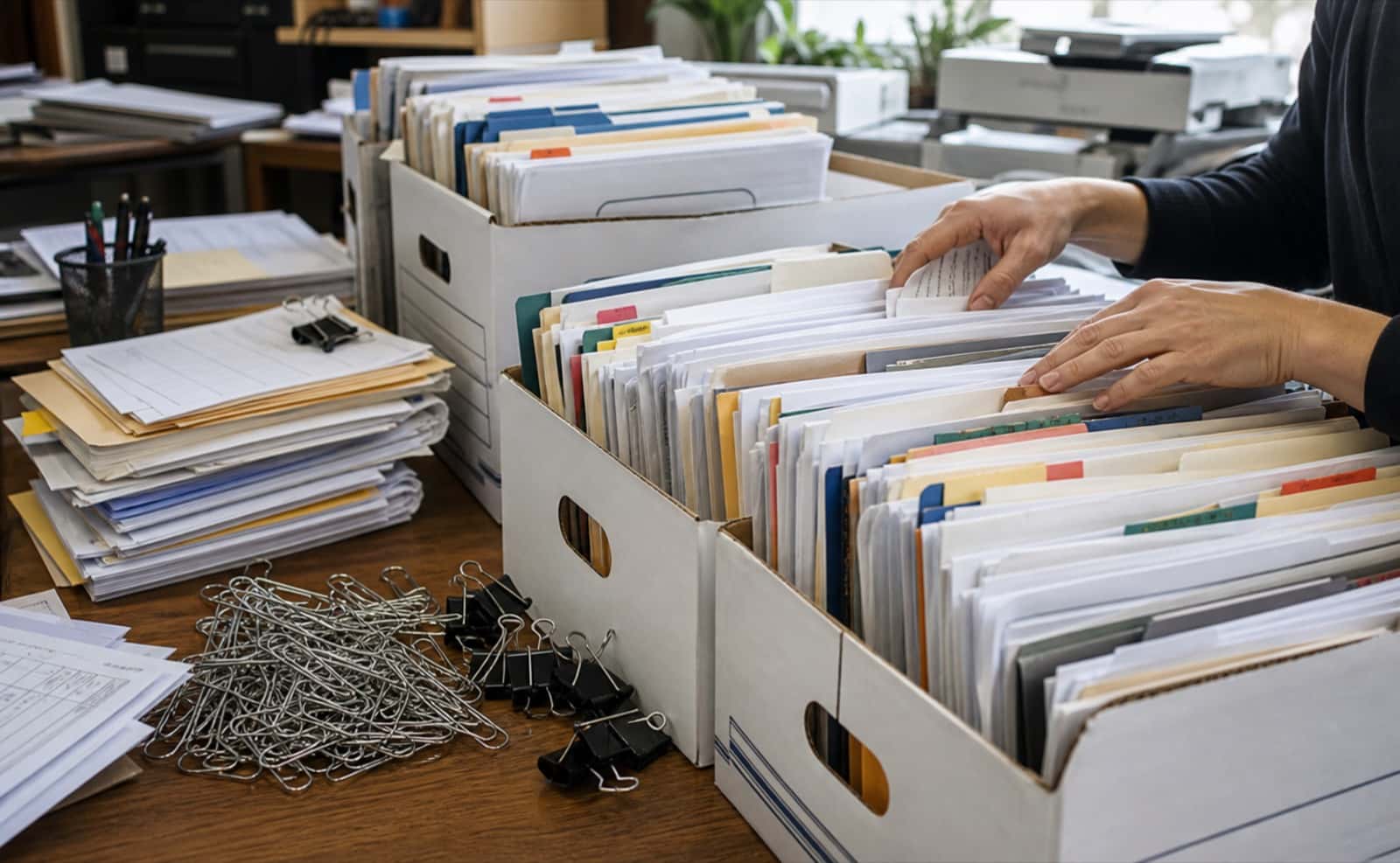 Banker boxes full of paper files, binder clips, and hands sorting through crowded records on a desk