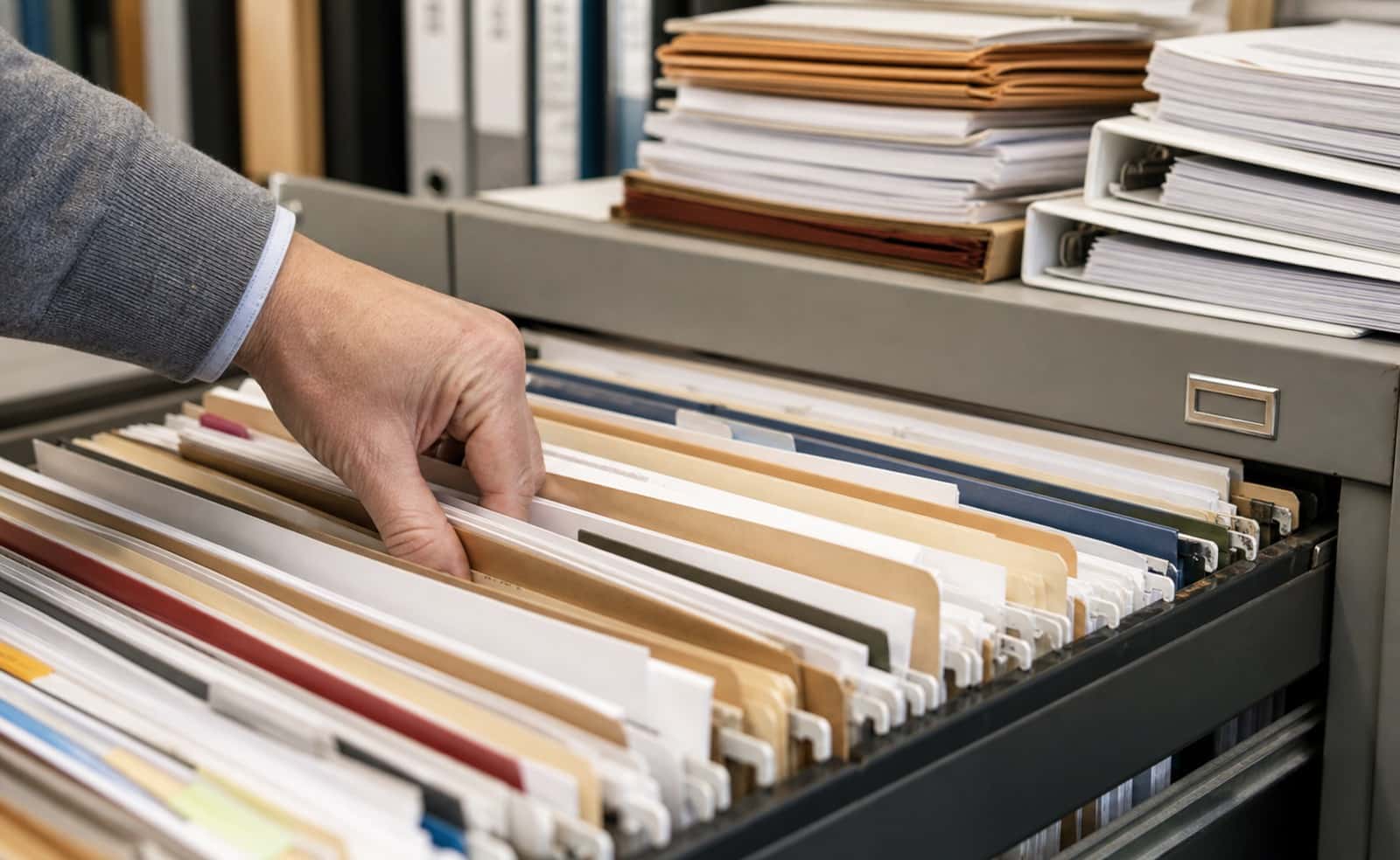 Hand searching through tightly packed file folders in an overstuffed office filing cabinet