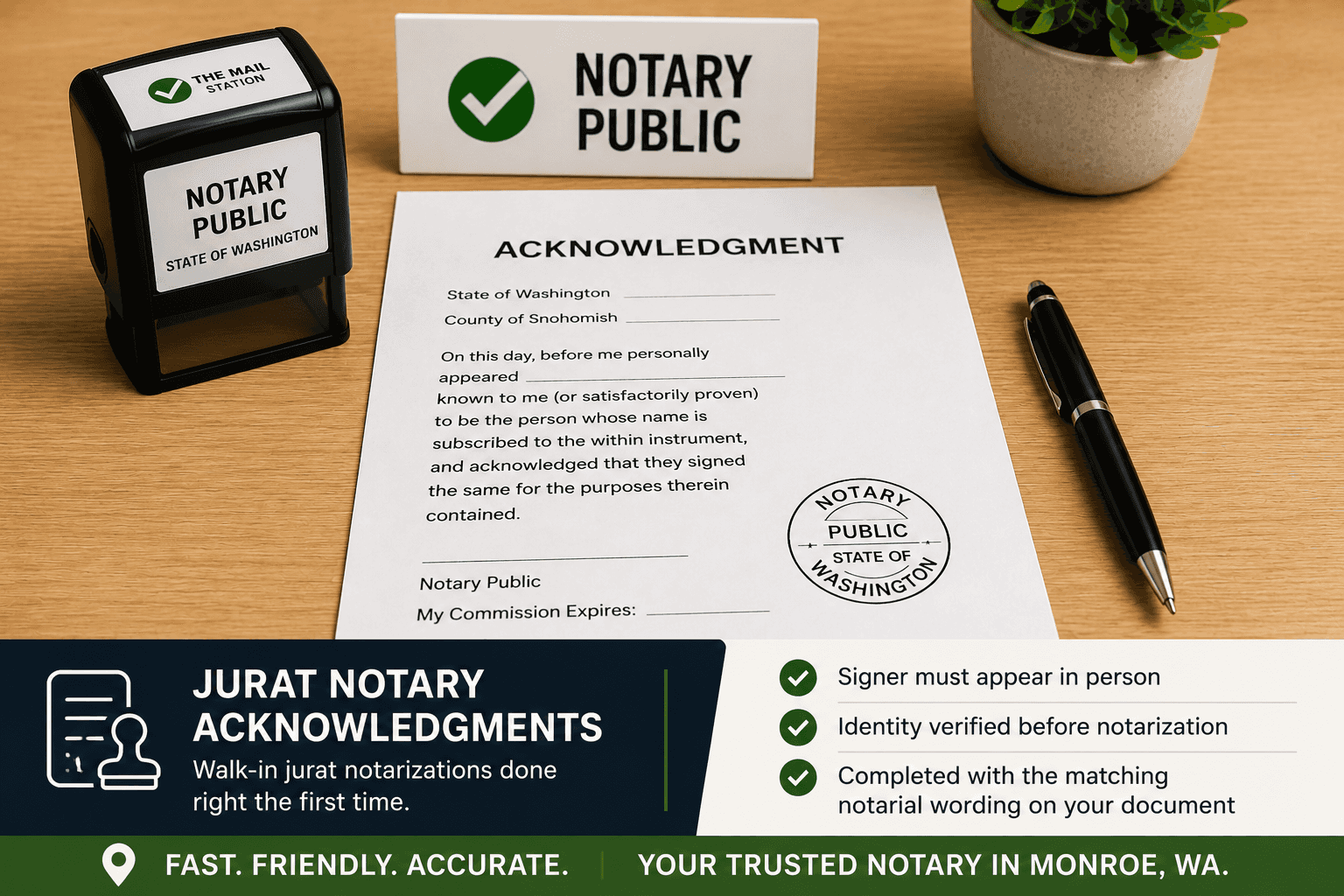 Jurat notary acknowledgment document with pen and stamp