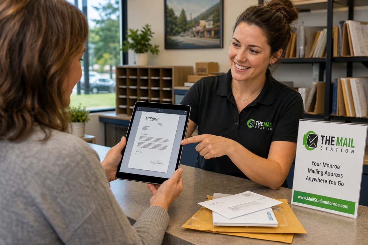 Mail being digitally scanned for remote viewing through a Monroe mailbox service