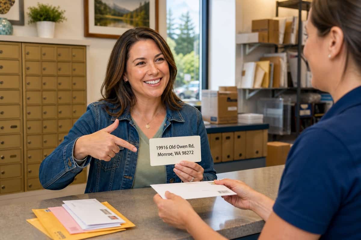 Customer holding a card with The Mail Station street address, 19916 Old Owen Rd, Monroe, WA 98272
