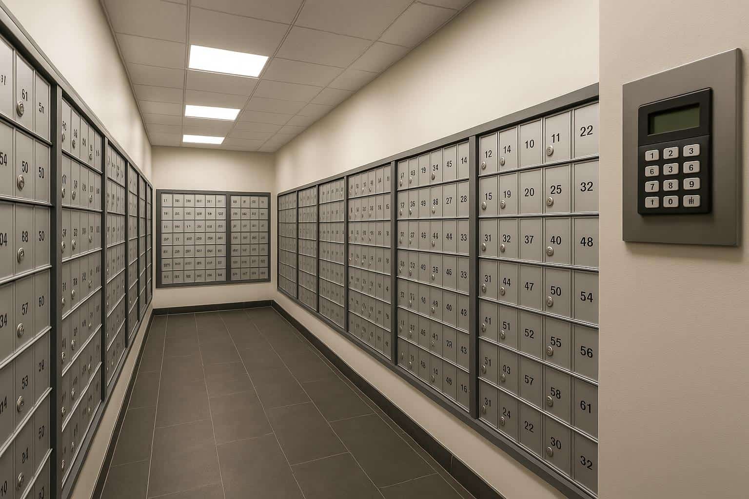 Mailbox wall with keypad access at The Mail Station in Monroe, WA
