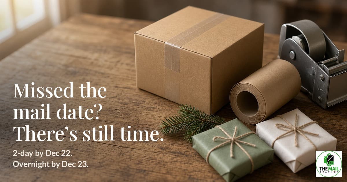 FedEx and USPS holiday shipping deadline calendar with gift boxes