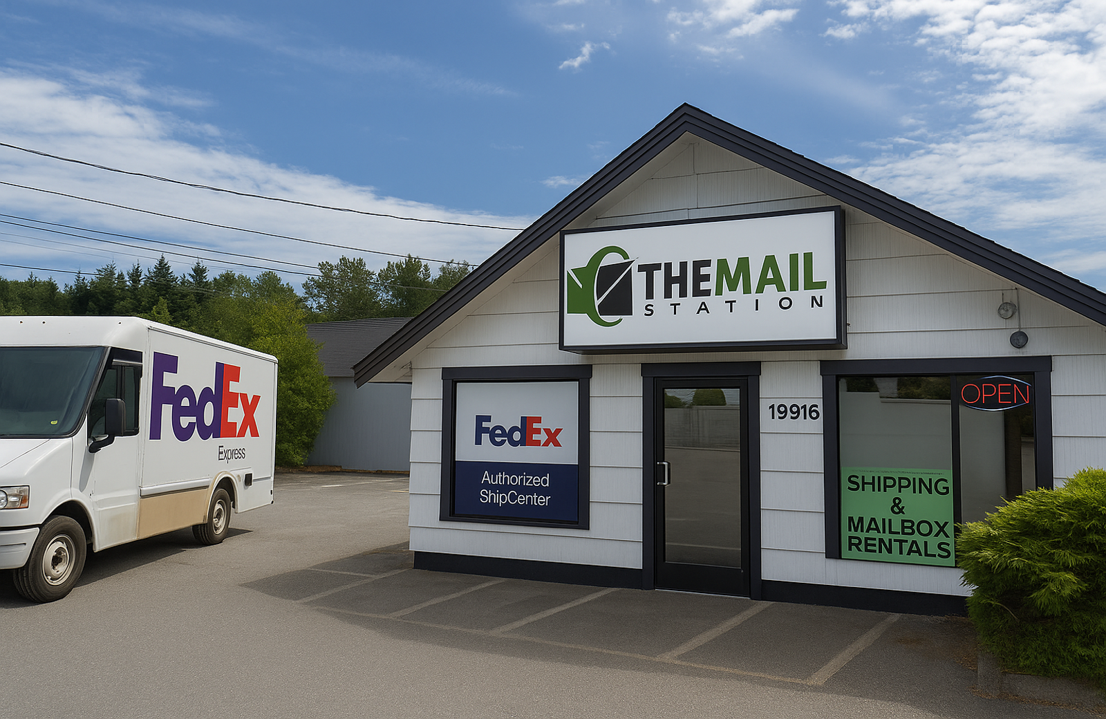 Front view of The Mail Station in Monroe with customer parking for quick mailbox pickup