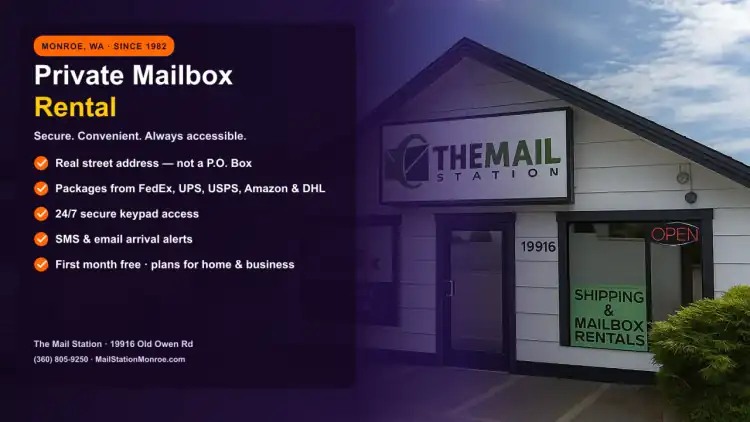 Private mailbox rental at The Mail Station Monroe — real street address, packages from all carriers, 24/7 access