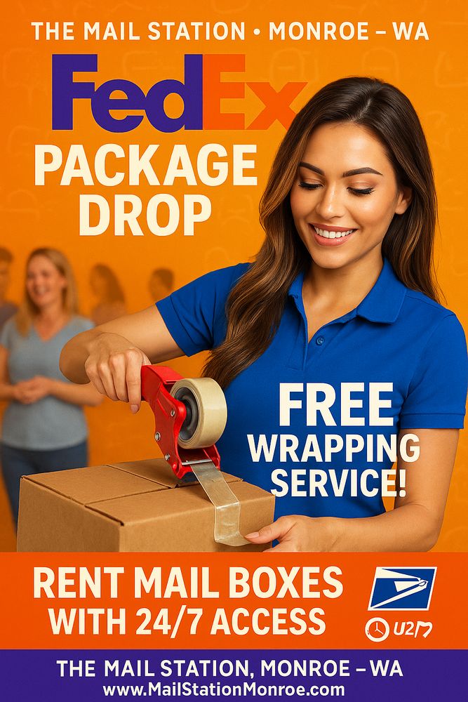 The Mail Station team member assisting a customer with a FedEx package