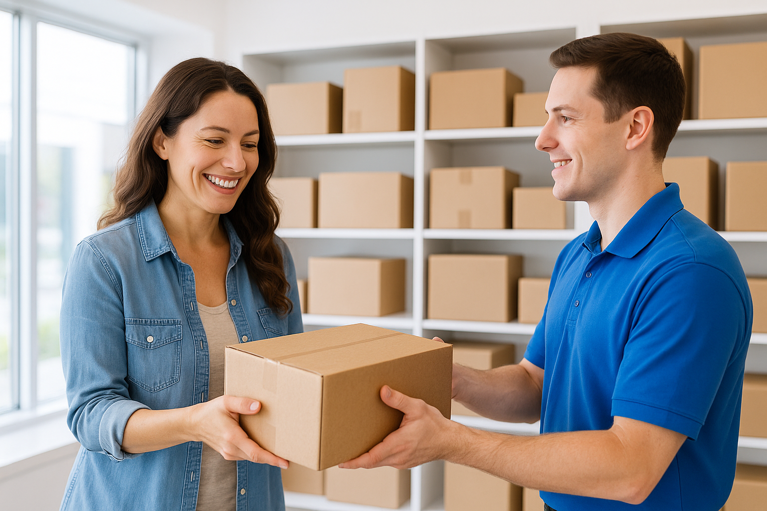 Smiling customer receiving package from store employee
