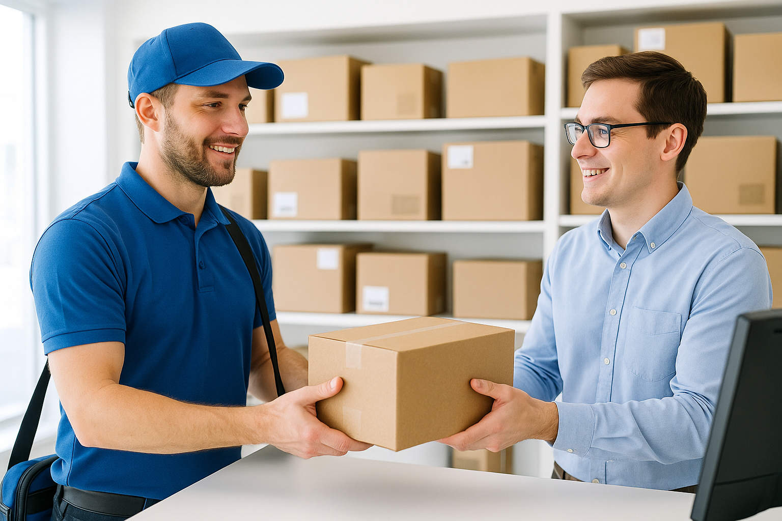 Delivery driver handing package to store employee