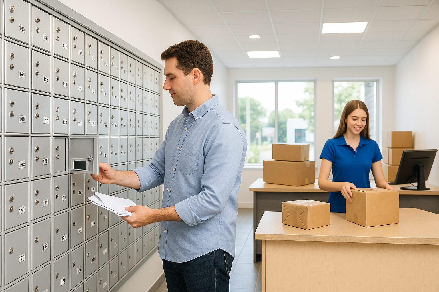 Customer opening private mailbox in a professional store