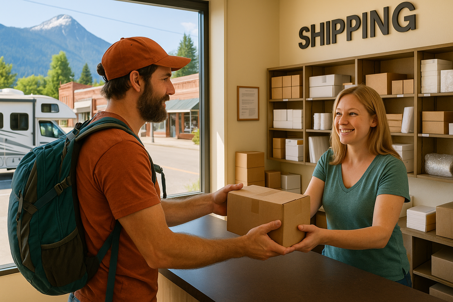RV traveler picking up package in a friendly local store