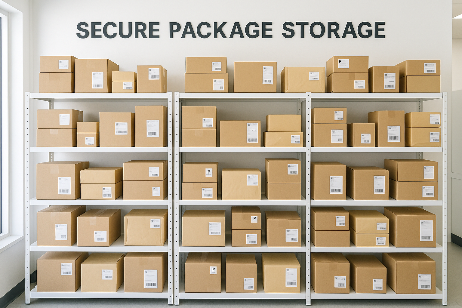 Indoor package storage shelves with organized parcels