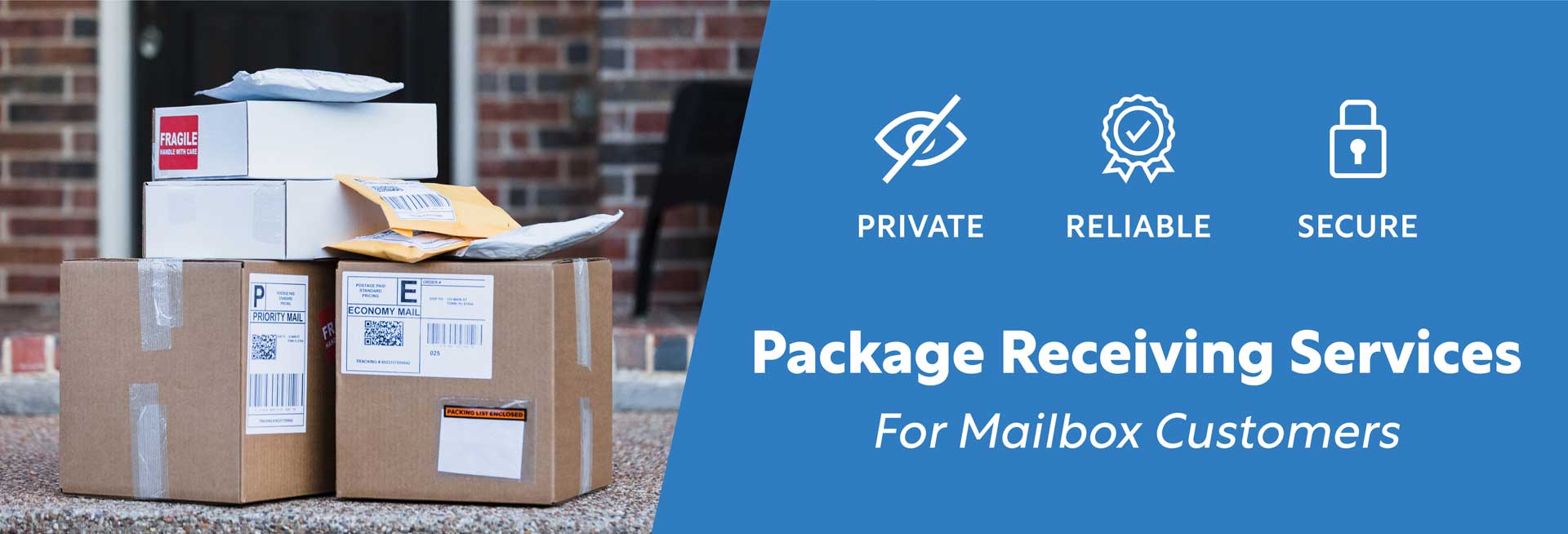 Staff receiving deliveries from USPS, UPS, FedEx, Amazon, and DHL for mailbox customers