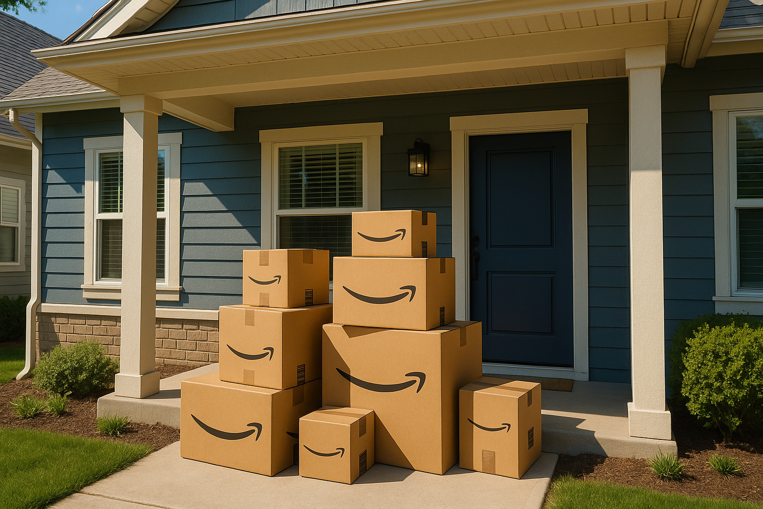 multiple online shopping packages delivered to home porch