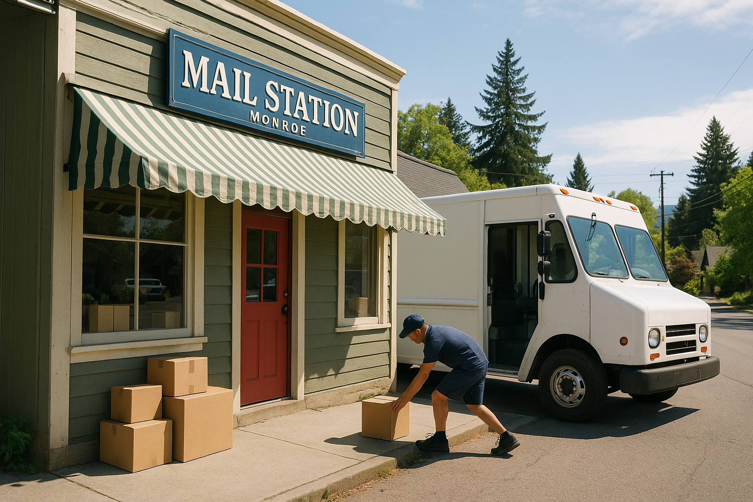 delivery truck dropping off package outside shipping store in Monroe WA